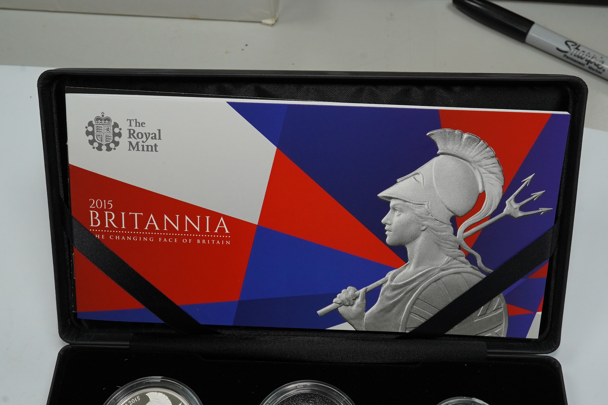 Royal Mint UK QEII coins, the Britannia 2015 collection six-coin silver proof set, in case of issue with certificate